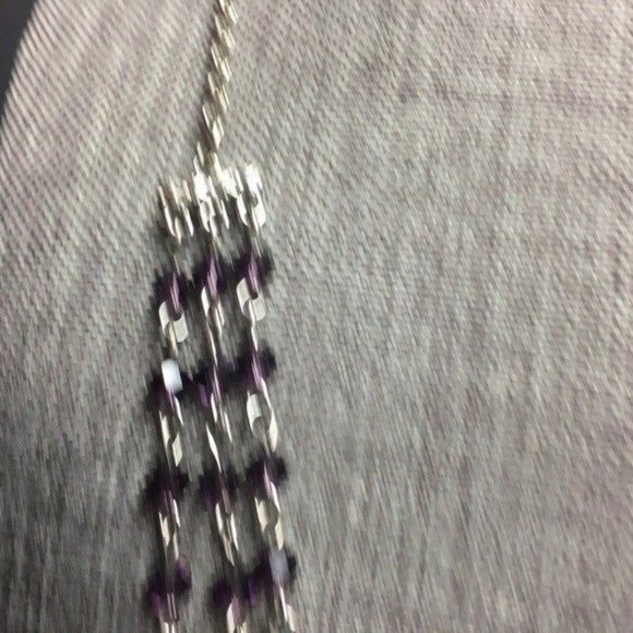 Purple Triple Statement Necklace Faceted Marbled Silver Chain Retro BoHo - Picture 3 of 8